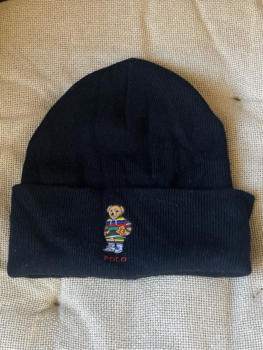 Polo Ralph Lauren Basketball Polo Bear Ribbed Knit Beanie Hat Black